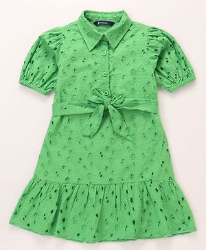 Pine Kids Cotton Woven One Piece Dress with Puffed Sleeves and Collar Neck Green 4-5 Years