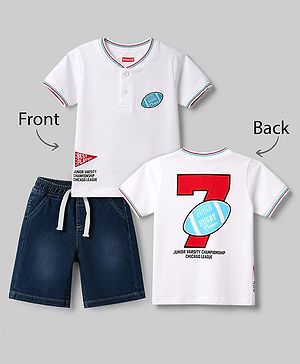 Babyhug Single Jersey Knit Half Sleeves T-Shirt & Denim Shorts Set With Ball Print - White & Blue
