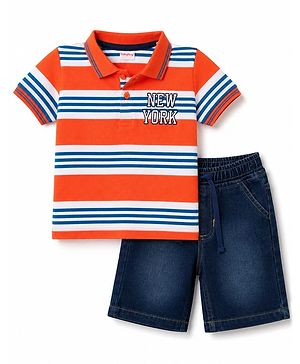 Babyhug Single Jersey Knit Half Sleeves Striped Polo T-Shirt & Denim Shorts With Text Embroidery Detailing - Multicolor