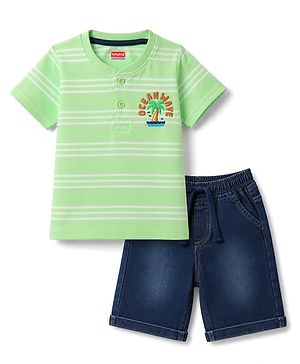 Babyhug Single Jersey Knit Half Sleeves Henley Neck Striped T-Shirt & Denim Shorts Set With Tree Print - Green & Blue