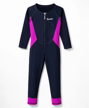 ROVARS Full Raglan Sleeves Solid Legged
                      Swimsuit - Navy Blue & Pink