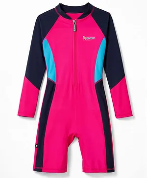 ROVARS Full Raglan Sleeves Solid Legged
                      Swimsuit - Pink & Blue