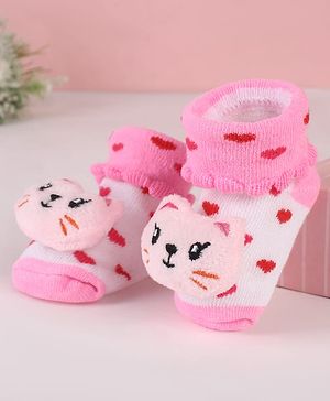 Cute Walk by Babyhug Sock Shoes with Kitty Applique & Heart Design - Pink