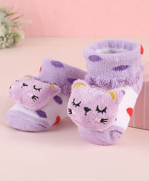 Cute Walk by Babyhug Sock Shoes with Kitty Applique & Polka Dot Design - Purple