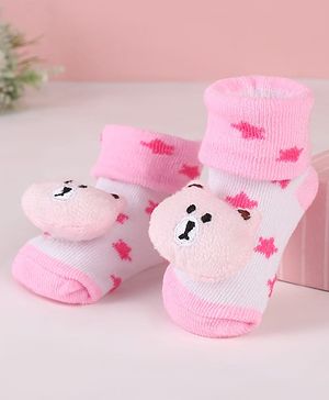 Cute Walk by Babyhug Sock Shoes with Bear Applique & Star Design - Pink