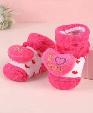 Cute Walk by Babyhug Sock Shoes with Heart Applique & Design - Dark Pink