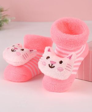 Cute Walk by Babyhug Ankle Length Socks Shoes With Stripes & Kitty Applique - Pink