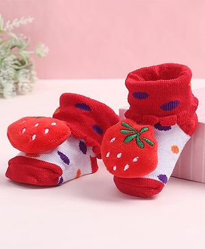 Cute Walk by Babyhug Fabric Ankle Length Socks Shoes with Polka Dots Design & Strawberry Applique- Red & White