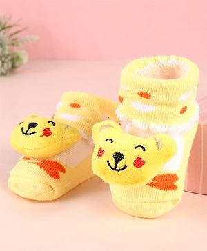 Cute Walk by Babyhug Sock Shoes with Bear Applique & Heart Design - Yellow