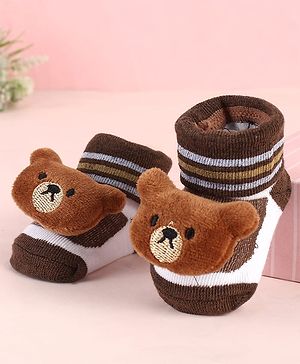 Cute Walk by Babyhug Sock Shoes with Bear Applique & Stripes - Brown