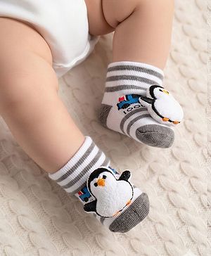 Cute Walk by Babyhug Sock Shoes with Penguin Applique & Stripes - Multicolor