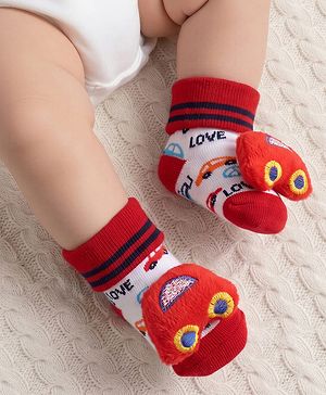 Cute Walk by Babyhug Sock Shoes with Car Applique & Design - Red