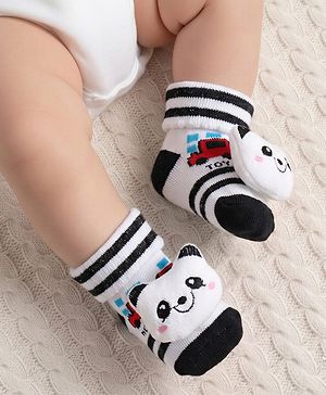 Cute Walk by Babyhug Ankle Length Socks Shoes With Panda Applique Stripes & Vehicles Design - Black