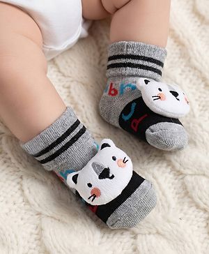 Cute Walk by Babyhug Ankle Length Socks Shoes With Animal Applique & Stripes - Grey