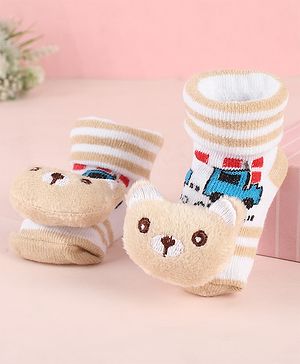 Cute Walk by Babyhug Ankle Length Socks Shoes With Animal Applique & Stripes - Cream