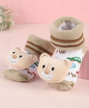 Cute Walk by Babyhug Ankle Length Socks Shoes With Animal Applique & Stripes - Cream