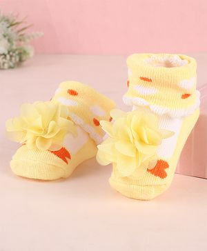 Cute Walk by Babyhug Ankle Length Socks Shoes With Floral Applique & Hearts Design - Yellow