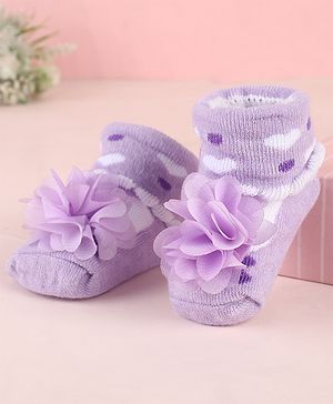 Cute Walk by Babyhug Ankle Length Socks Shoes With Floral Applique & Hearts Design - Purple