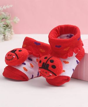 Cute Walk by Babyhug Fabric Ankle Length Socks Shoes with Heart Design & Ladybug Applique- Red & White