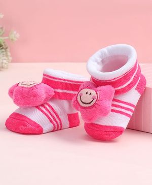 Cute Walk by Babyhug Fabric Ankle Length Socks Shoes with Striped Design & Floral Applique- Pink