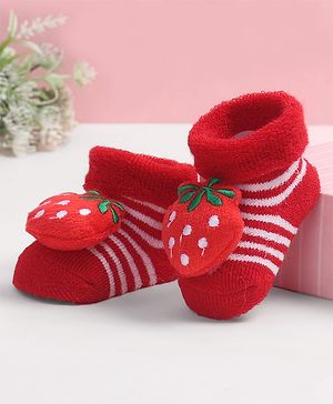 Cute Walk by Babyhug Fabric Ankle Length Socks Shoes with Striped Design & Strawberry Applique- Red