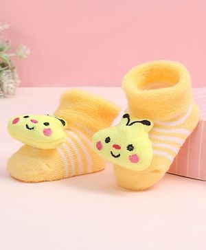 Cute Walk by Babyhug Fabric Ankle Length Socks Shoes with Striped Design & Honey Bee Applique- Yellow