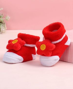 Cute Walk by Babyhug Fabric Ankle Length Socks Shoes with Floral Applique- Red& White
