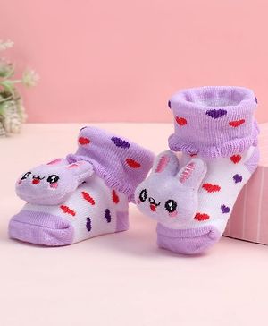 Cute Walk by Babyhug Fabric Ankle Length Socks Shoes with Heart Design & Bunny Applique- Lilac & White