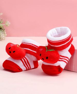 Cute Walk by Babyhug Fabric Ankle Length Socks Shoes with Striped Design &  Applique- Red & White
