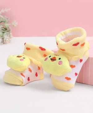 Cute Walk by Babyhug Fabric Ankle Length Socks Shoes with Heart Design & Chick Applique- Yellow
