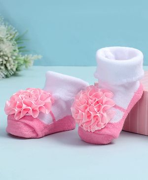 Cute Walk by Babyhug Fabric Ankle Length Socks Shoes with Floral Applique- Pink & White