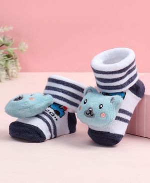 Cute Walk by Babyhug Fabric Ankle Length Socks Shoes with Striped Design & Bear Applique- Blue & White