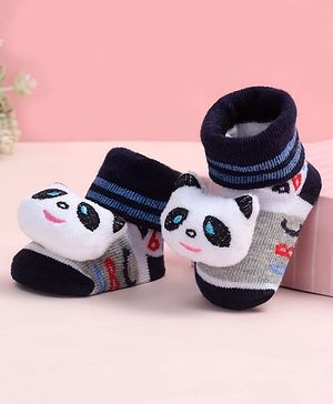 Cute Walk by Babyhug Fabric Ankle Length Socks Shoes with Alphabet Design & Panda Applique- Grey & Black