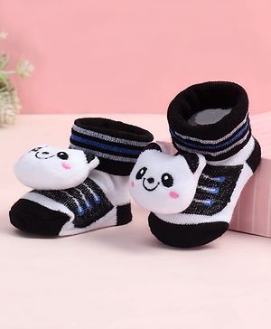 Cute Walk by Babyhug Fabric Ankle Length Socks Shoes with Striped Design & Panda Applique- White & Black