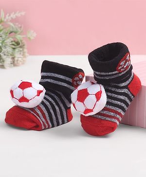 Cute Walk by Babyhug Fabric Ankle Length Socks Shoes with Striped Design & Ball Applique- Red & Black
