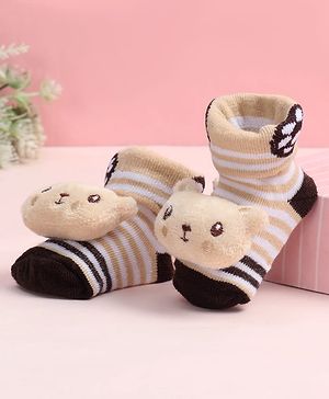 Cute Walk by Babyhug Fabric Ankle Length Socks Shoes with Striped Design & Bear Applique- Beige & Black