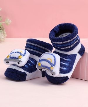 Cute Walk by Babyhug Fabric Ankle Length Socks Shoes with Striped Design &  Applique- Navy Blue & White