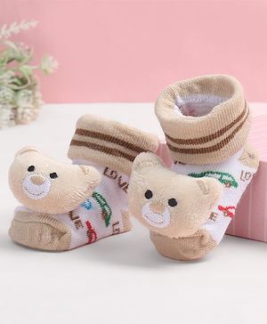 Cute Walk by Babyhug Fabric Ankle Length Socks Shoes with Car Design & Bear Applique- Beige