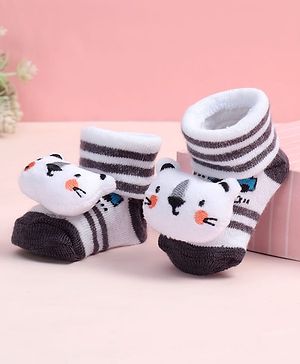 Cute Walk by Babyhug Fabric Ankle Length Socks Shoes with Striped Design & Bear Applique- White & Black