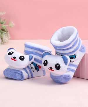 Cute Walk by Babyhug Fabric Ankle Length Socks Shoes with Striped Design & Bear Applique- Light Blue & White