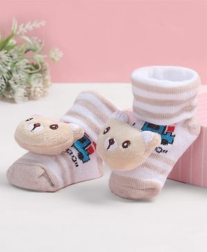 Cute Walk by Babyhug Fabric Ankle Length Socks Shoes with Train Design & Kitten Applique- Biege