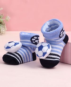 Cute Walk by Babyhug Fabric Ankle Length Socks Shoes with Striped Design & Ball Applique- Blue & Black