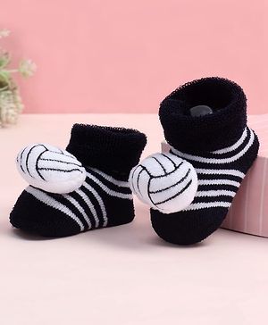 Cute Walk by Babyhug Fabric Ankle Length Socks Shoes with Striped Design & Ball Applique- Black