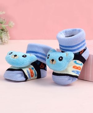 Cute Walk by Babyhug Fabric Ankle Length Socks Shoes with Alphabet Design & Bear Applique- Blue & Black
