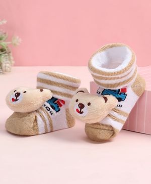 Cute Walk by Babyhug Fabric Ankle Length Socks Shoes with Train Design & Bear Applique- Beige