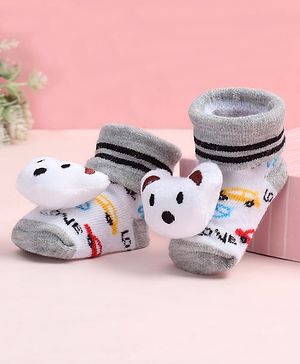 Cute Walk by Babyhug Fabric Ankle Length Socks Shoes with Car Design & Bear Applique- White