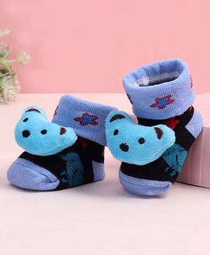 Cute Walk by Babyhug Fabric Ankle Length Socks Shoes with Animal Design &  Applique- Blue & Black