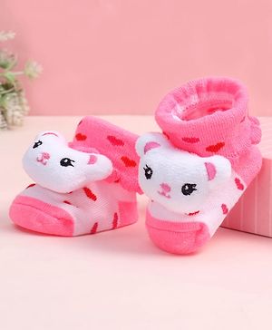 Cute Walk by Babyhug Fabric Ankle Length Socks Shoes with Heart Design & Bear Applique- Pink