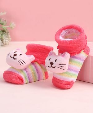 Cute Walk by Babyhug Fabric Ankle Length Socks Shoes with Striped Design & Kitten Applique- Pink