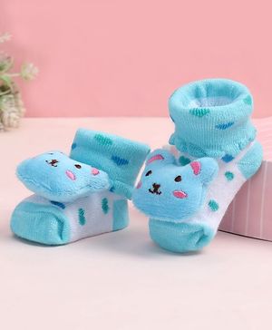 Cute Walk by Babyhug Fabric Ankle Length Socks Shoes with Polka Dots Design & Bear Applique- Light Blue